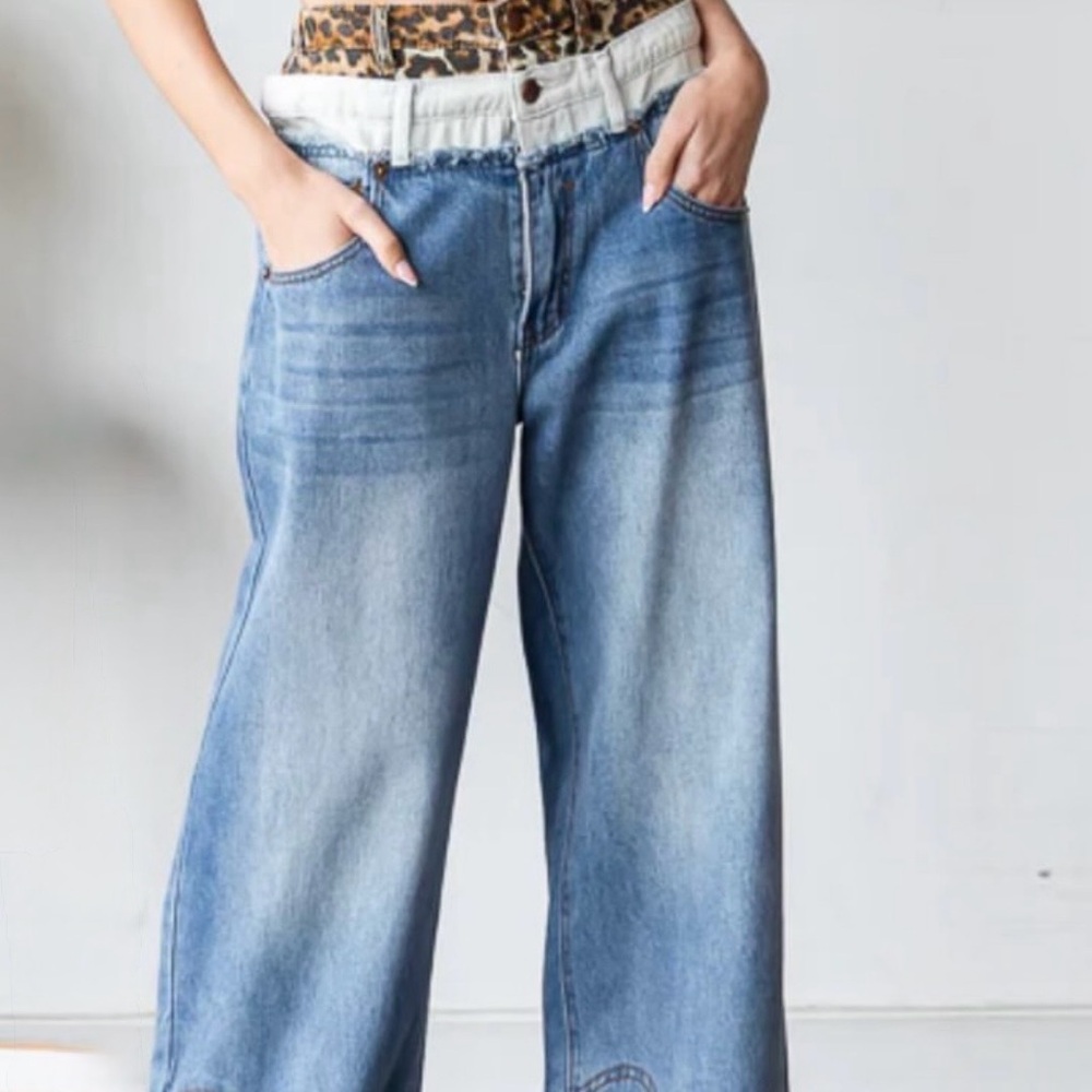 Oh -  Oli & Haley- Blue Wide-Leg Jeans with Fringed Hem Size Small-2-4 - Picture 3 of 3